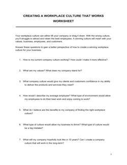 Business-in-a-Box's Worksheet Creating A Workplace Culture That Works Template
