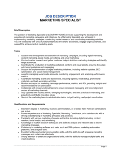 Marketing Specialist Job Description