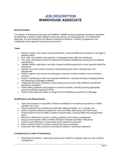 Warehouse Associate Job Description