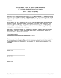 Business-in-a-Box's Board Resolution Affirming Non-Discrimination Policy Template