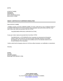 Certificate of Corporate Resolution