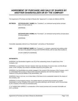 Business-in-a-Box's Agreement of Purchase and Sale of Shares by Shareholder Template