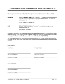 Business-in-a-Box's Assignment and Transfer of Stock Certificate Template