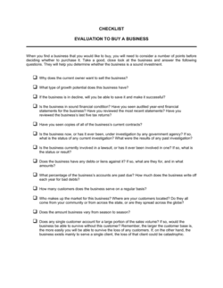 Checklist Evaluation to Buy a Business