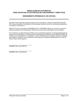 Business-in-a-Box's Resolución de los accionistas para ratificar actos previos de funcionarios y directivos