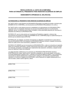 Business-in-a-Box's Resolución del directorio para autorizar que el presidente renueve contratos laborales