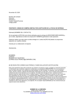 Carta con respecto a la orden de compra emitida a partir de la aceptación de la fecha de entrega