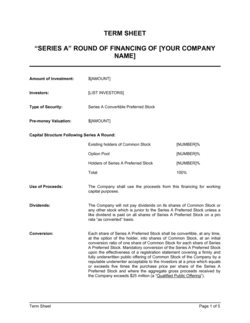 Term Sheet for Series A Round of Financing