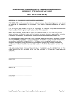 Business-in-a-Box's Board Resolution Approving Unanimous Shareholders Agreement Template