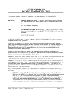 Letter of Direction Payment of Acquisition Price