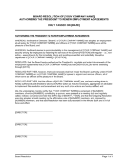 Business-in-a-Box's Board Resolution Authorizing Agreements Renewal Template