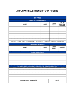 Applicant Selection Criteria Record