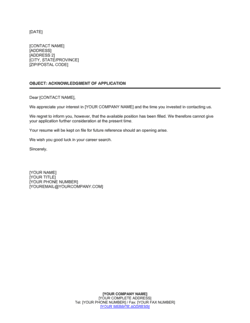 Business-in-a-Box's Acknowledgment of Application Job Position Filled Template