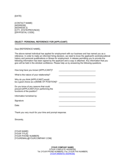 Business-in-a-Box's Personal Reference Check Letter Template