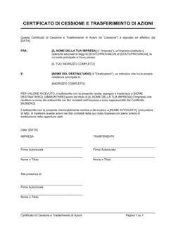 Business-in-a-Box's Certificato di cessione e trasferimento di azioni