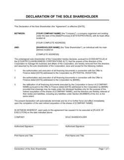 Business-in-a-Box's Declaration of the Sole Shareholder Template