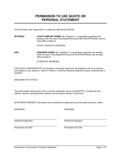 Business-in-a-Box's Permission to Use Quote or Personal Statement Template