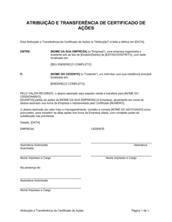 Business-in-a-Box's Certificado de Atribuição e Transferência de Ações