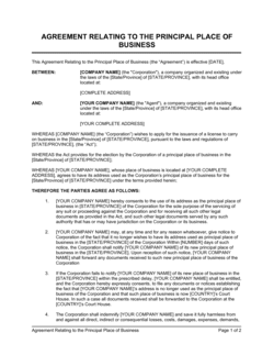 Business-in-a-Box's Agreement Relating to the Principal Place of Business Template