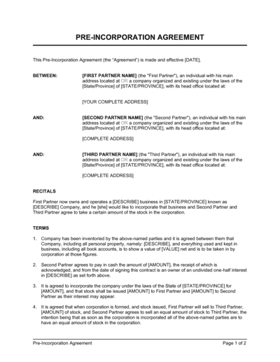 Business-in-a-Box's Pre-Incorporation Agreement Template