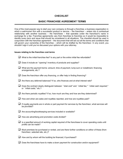 Business-in-a-Box's Checklist Basic Franchise Agreement Terms Template