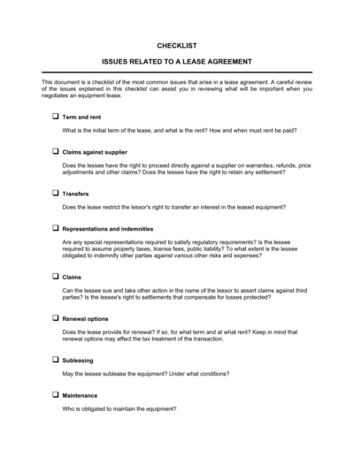Business-in-a-Box's Checklist Equipment Lease Template