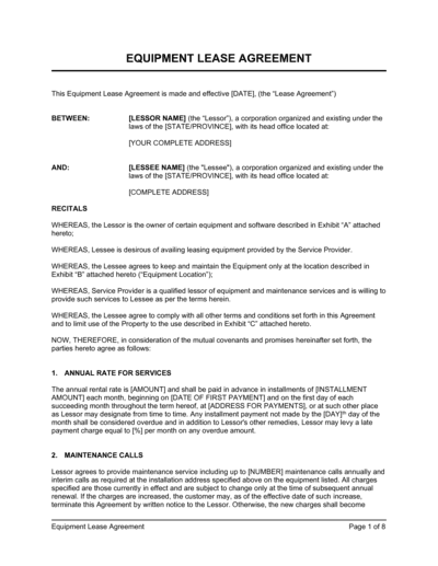 Business-in-a-Box's Equipment Lease Agreement Long Template