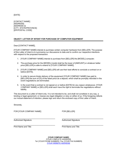 Business-in-a-Box's Letter of Intent for Purchase of Computer Equipment Template