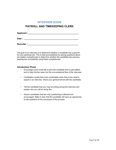 Business-in-a-Box's Interview Guide Payroll and Timekeeping Clerk Template