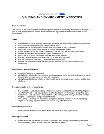 Business-in-a-Box's Building and Environment Inspector Job Description Template