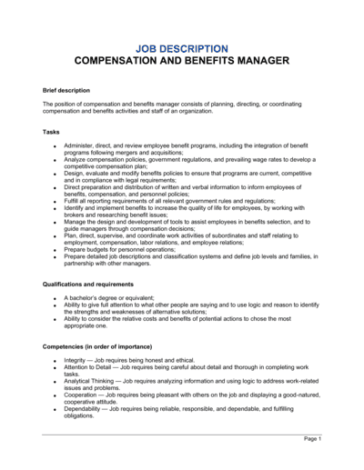 Business-in-a-Box's Compensation and Benefits Manager Job Description Template