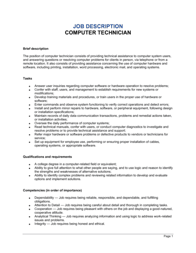 Business-in-a-Box's Computer Technician Job Description Template