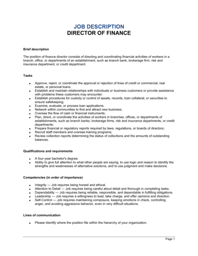 Business-in-a-Box's Director of Finance Job Description Template