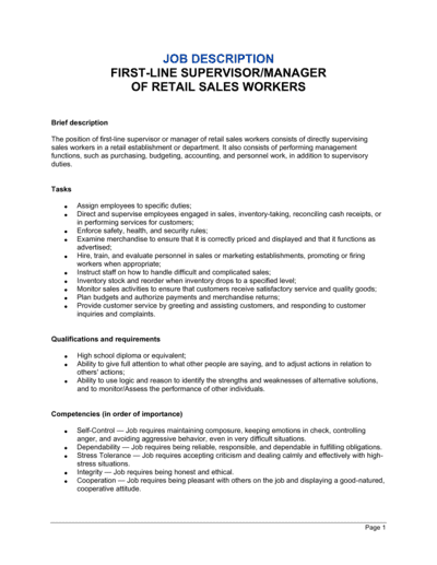 Business-in-a-Box's First-Line Supervisor or Manager of Retail Sales Workers Job Description Template