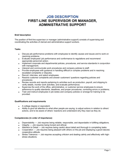 Business-in-a-Box's First-Line Supervisor or Manager, Administrative Support Job Description Template