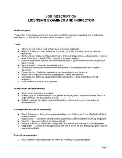 Business-in-a-Box's Licensing Examiner and Inspector Job Description Template