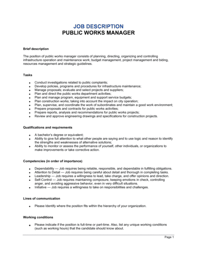 Business-in-a-Box's Public Works Manager Job Description Template
