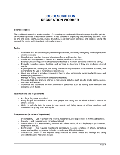 Business-in-a-Box's Recreation Worker Job Description Template