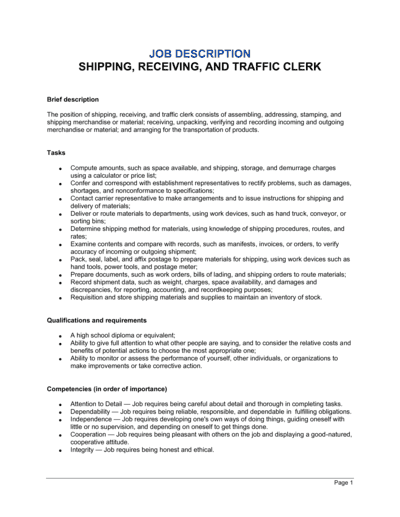 Business-in-a-Box's Shipping, Receiving and Traffic Clerk Job Description Template