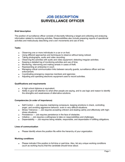 Business-in-a-Box's Surveillance Officer Job Description Template