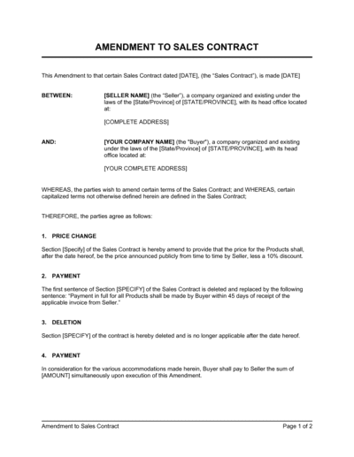 Business-in-a-Box's Amendment to Sales Contract Template