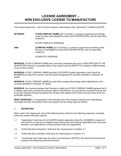 Business-in-a-Box's License Agreement Non-Exclusive License to Manufacture Template