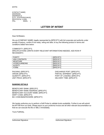 Business-in-a-Box's Letter of Intent (Commodity) Template