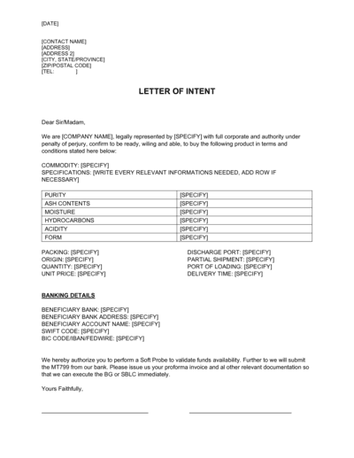 Business-in-a-Box's Letter Of Intent Commodity Template