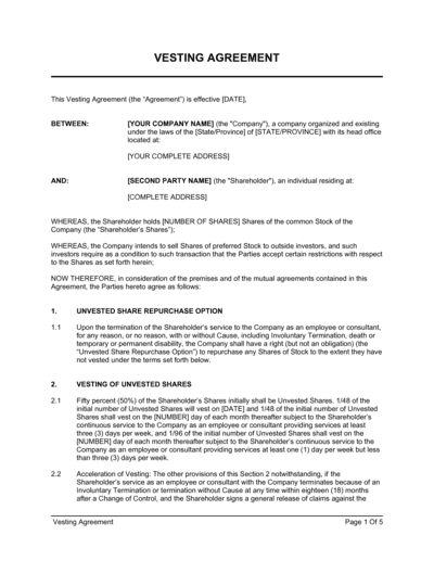 Business-in-a-Box's Vesting Agreement Template