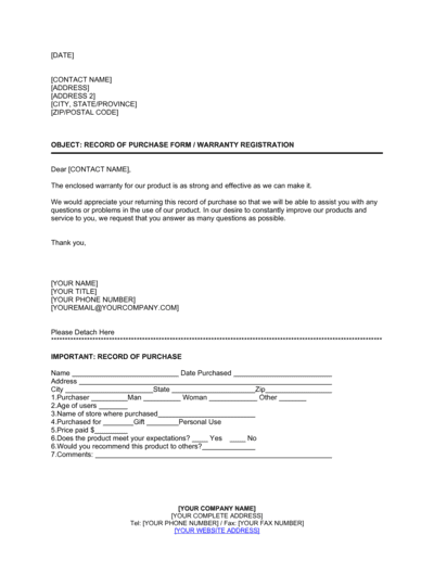 Business-in-a-Box's Record of Purchase Form, Warranty Registration Template