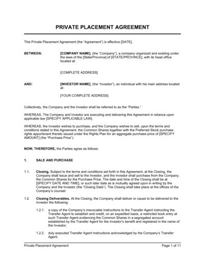 Business-in-a-Box's Private Placement Agreement Template