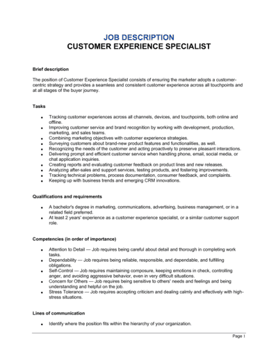 Business-in-a-Box's Customer Experience Specialist Job Description Template