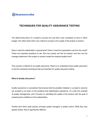 Business-in-a-Box's Techniques For Quality Assurance Testing Template