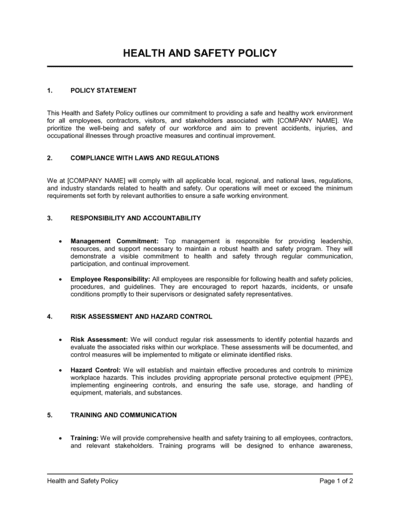 Health And Safety Policy Template Download 